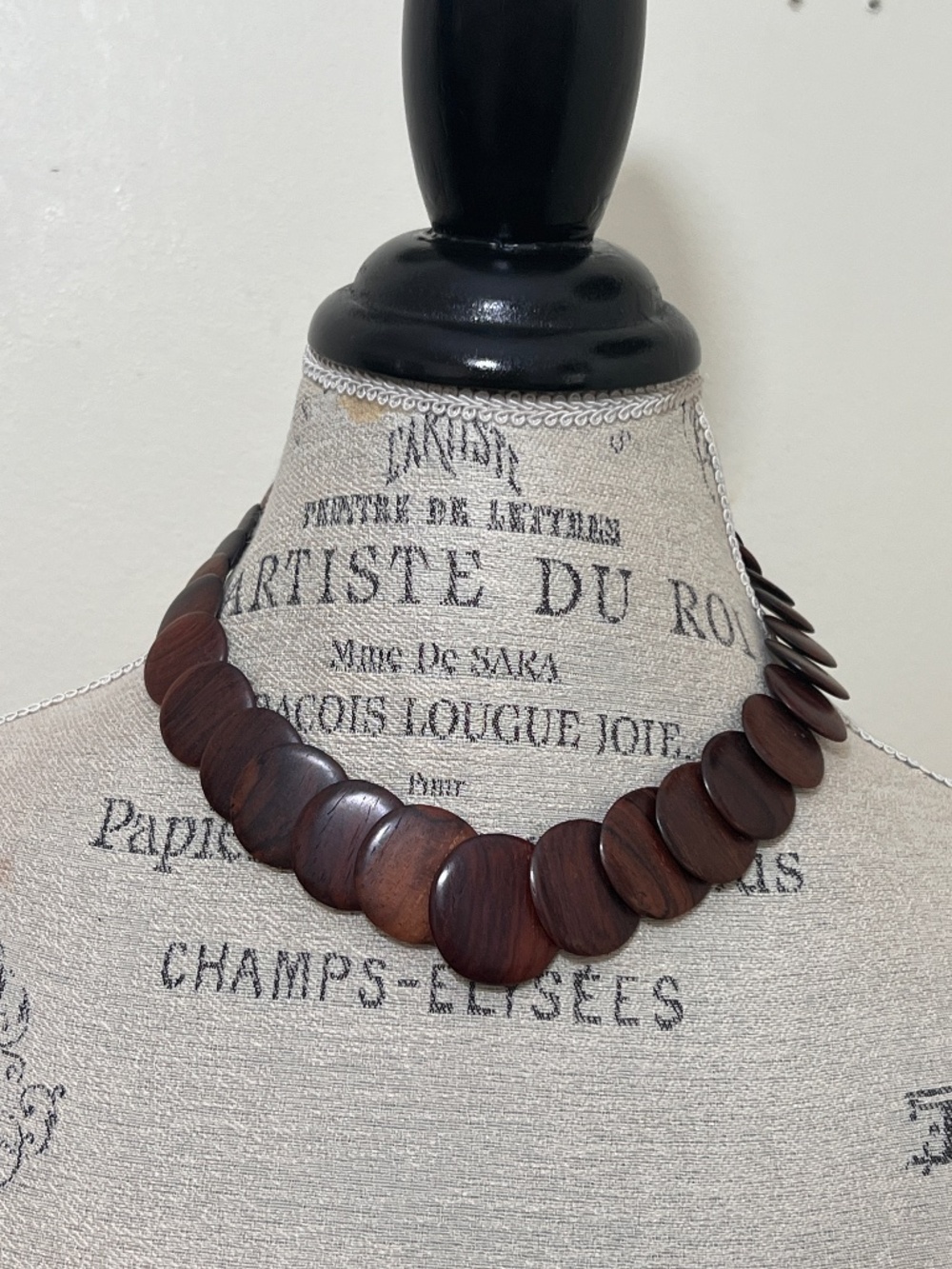 Mid century stacked wood discs necklace 18" long